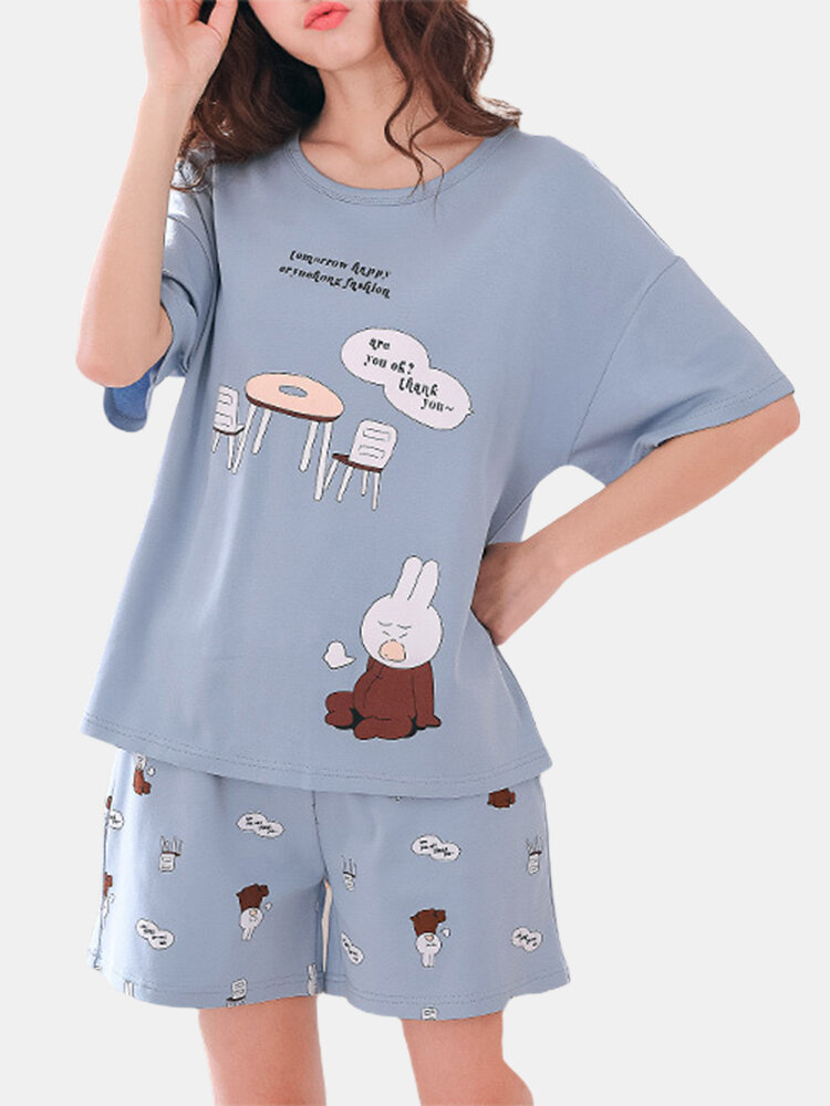 Losse tweedelige pyjama met korte mouwen en schattige print voor dames
