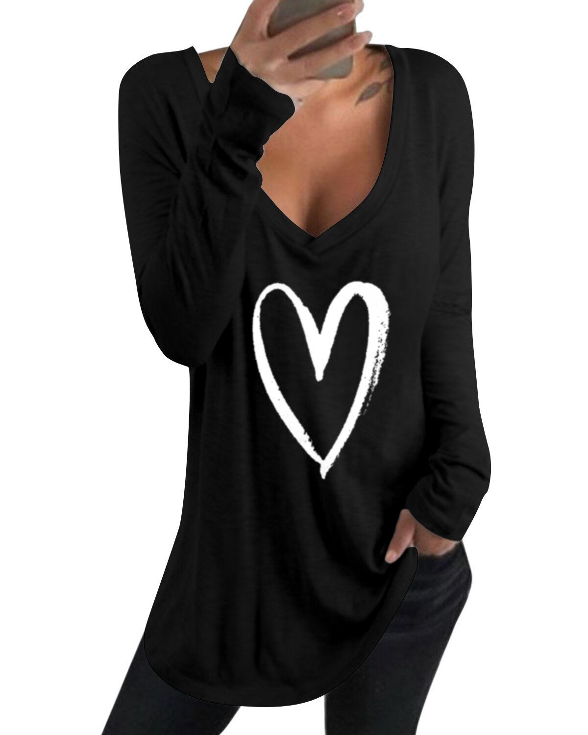 Casual loose love printed v neck long sleeves t-shirts for women Sale ...