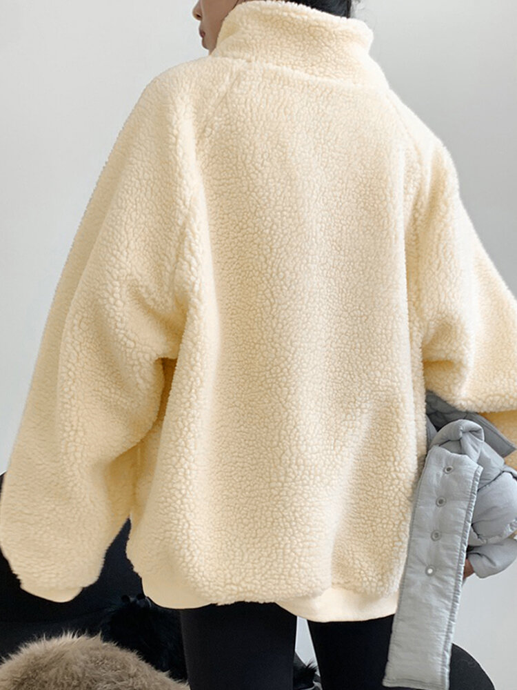 Women Fleece Casual Loose Solid Zipper Stand Collar Long Sleeve Pullover Sweatshirt