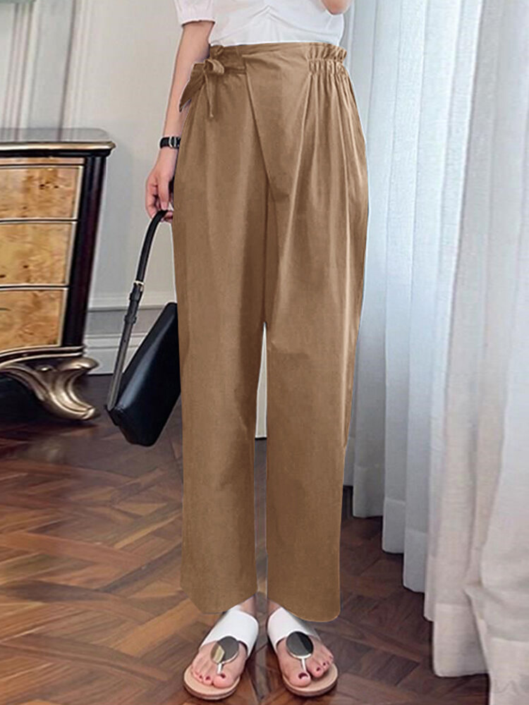 Women Side Pockets Casaul Elastic Waist Ankle Length Solid Pants