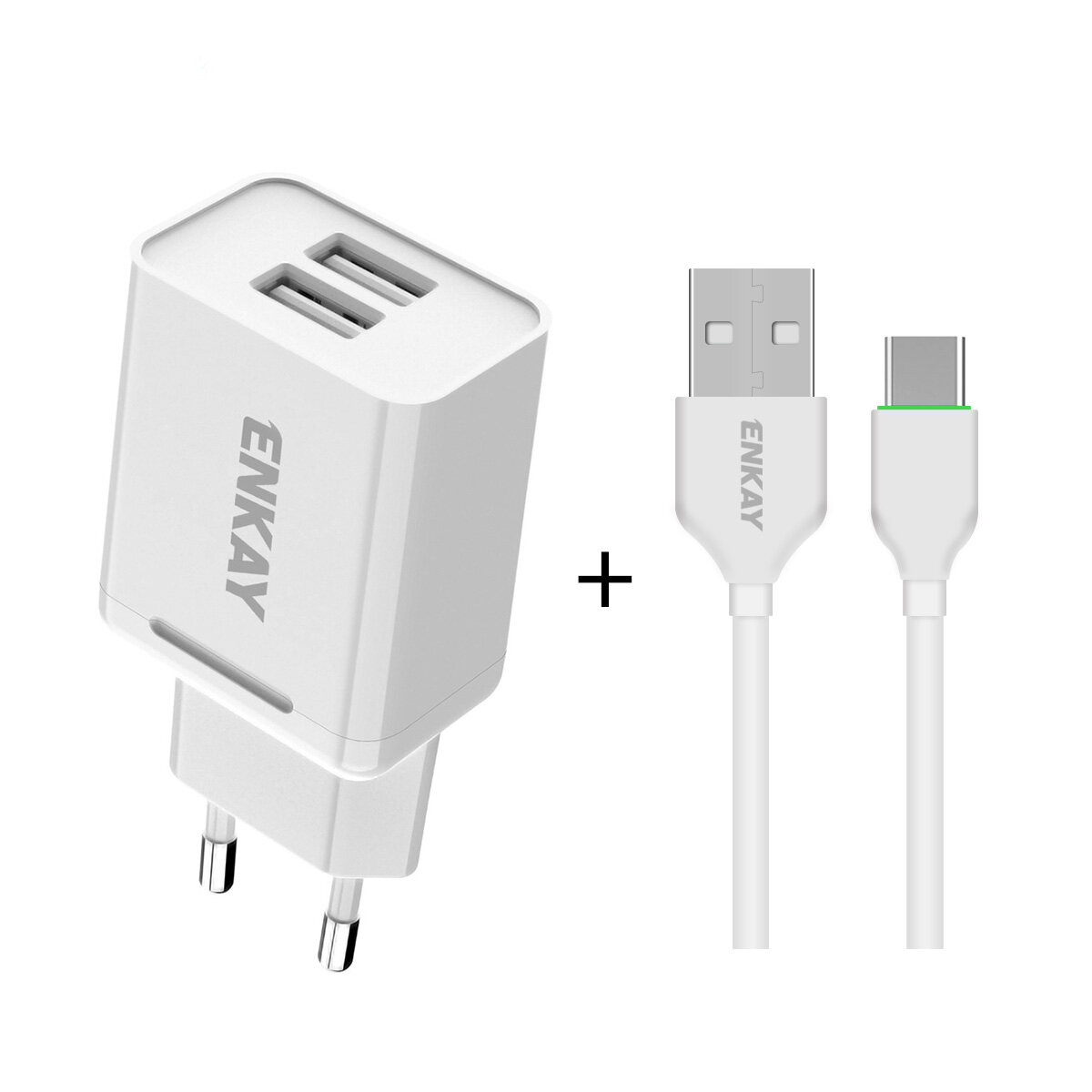 ENKAY 2 USB-poorten 5V 2.1A Snel opladen USB-oplader met oplaadkabel voor iPhone 12 voor Samsung Gal