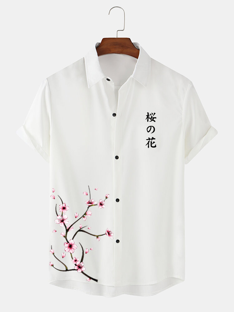 Men Cherry Blossom Print Short Sleeve Shirts