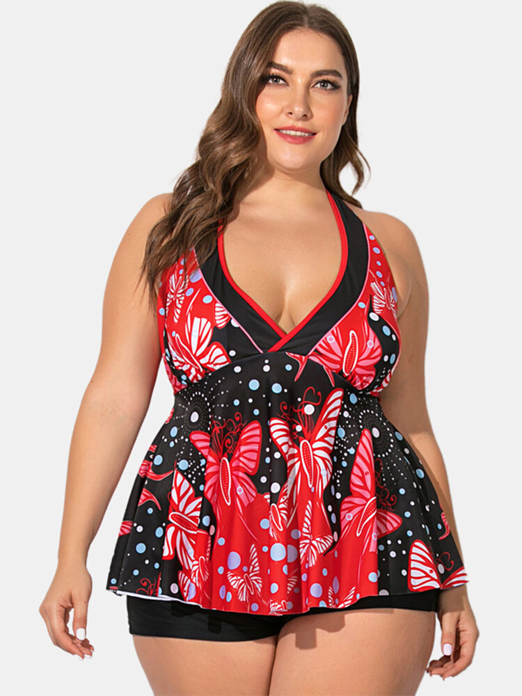 Plus Size Women Swimsuit Halter String Floral Print V-Neck Backless Swimdress