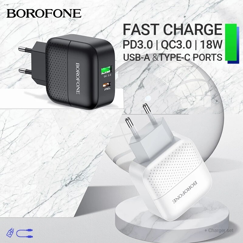 

BOROFONE BA46A 18W 2-Port USB PD Charger Dual 18W PD3.0 QC3.0 FCP SCP Fast Charging Wall Charger Adapter EU Plug for iPh