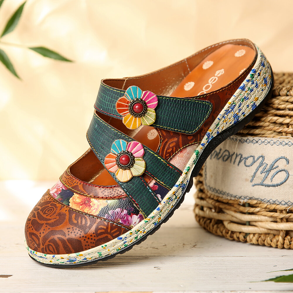 53% OFF on SOCOFY Vintage Handmade Leather Floral Hook Loop Strap Slip on Mules Clogs Flat Shoes