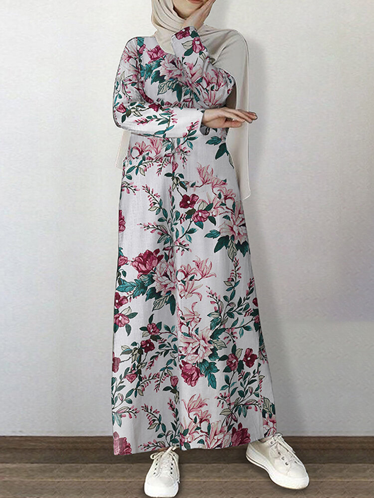 Women 100% Cotton Vintage Floral Print O-Neck Abaya?Kaftan Long Sleeve Maxi Dress With Pocket