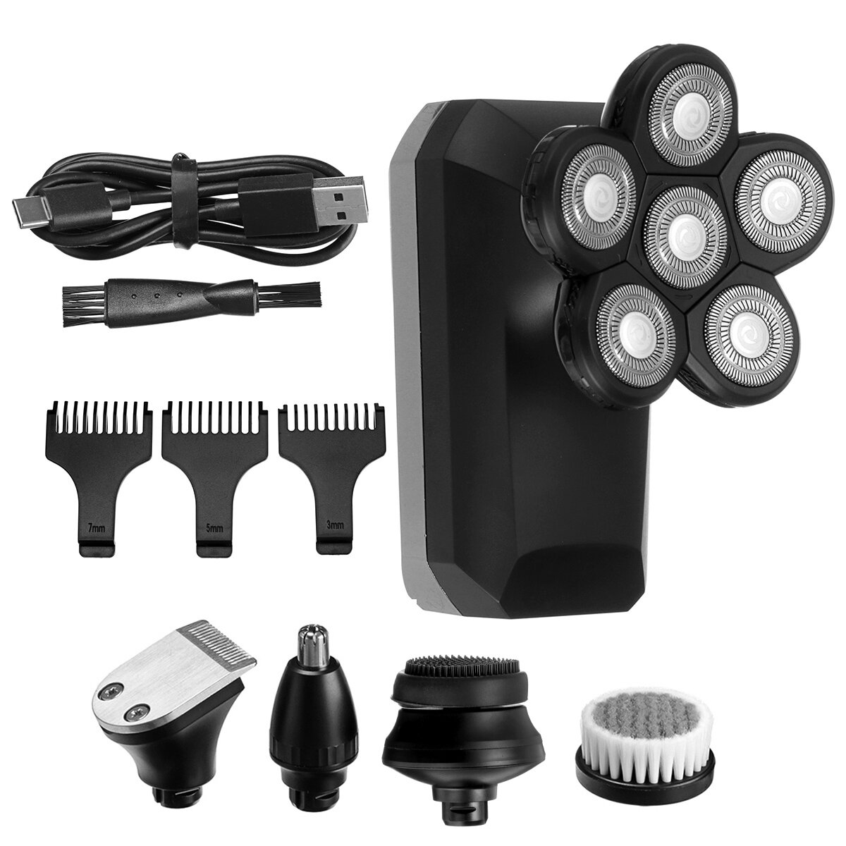 6 IN 1 6D Rotary Electric Shaver LED Display Men IPX7 Waterproof Nose Hair Trimmer Facial Cleaning Brush W/ 3pcs Limit C