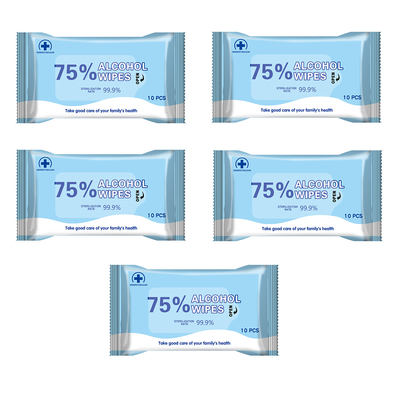 

XINQING 5 Packs Of 10Pcs 75% Medical Alcohol Wipes 99.9% Antibacterial Disinfection Cleaning Wet Wipes Disposable Wipes