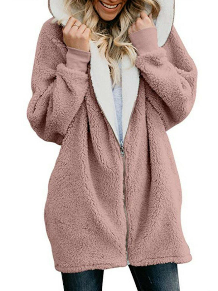 Women Full-Zip Thermal Hooded Solid Long Sleeve Warm Sweatshirts