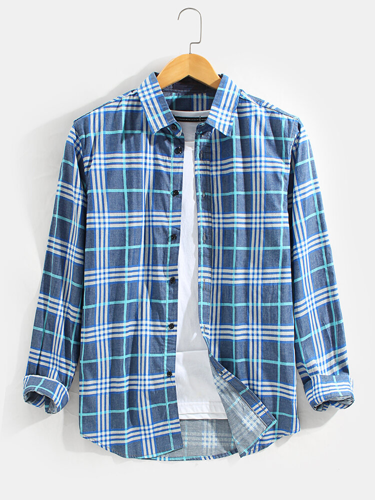 Mens Plaid Button Up Long Sleeve Casual Cotton Shirts