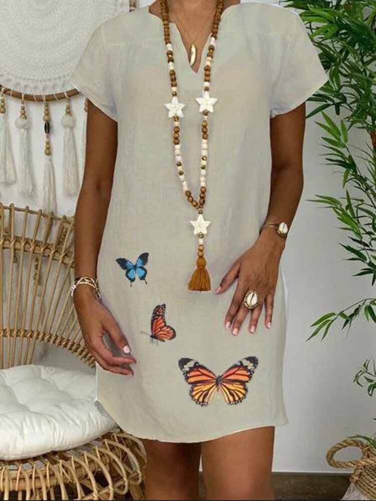 Image of Butterfly Print V-Ausschnitt Kurzarm Damen Causal Loose Mini Kleid