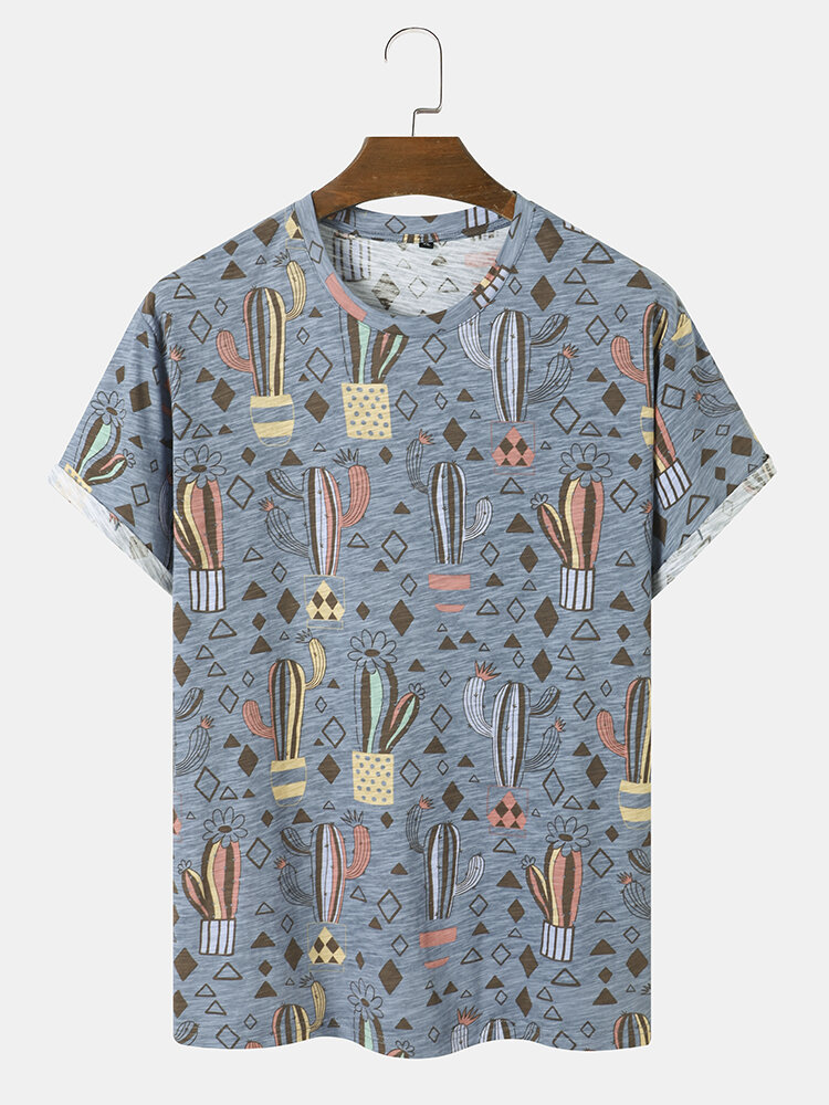 Men 100%Cotton Cartoon Cactus Print Breathable Short Sleeve Leisure T-Shirt