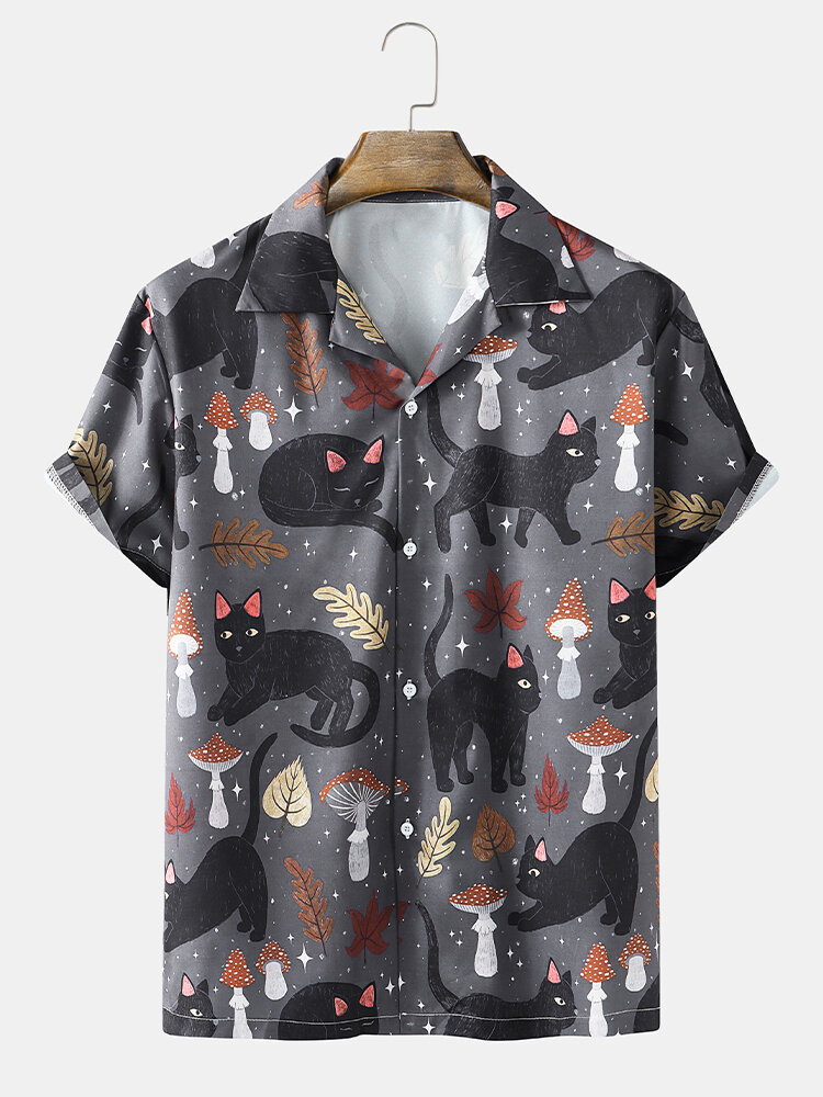 Mens Street Cat & Mushroom Print Revere Collar Shirts