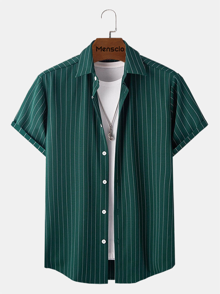 Mens Vertical Stripe Button Up Daily Short Sleeve Shirts