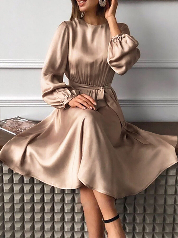 Women Puff Sleeve O-Neck Solid Pleated Casual Stylish Fitting Dress