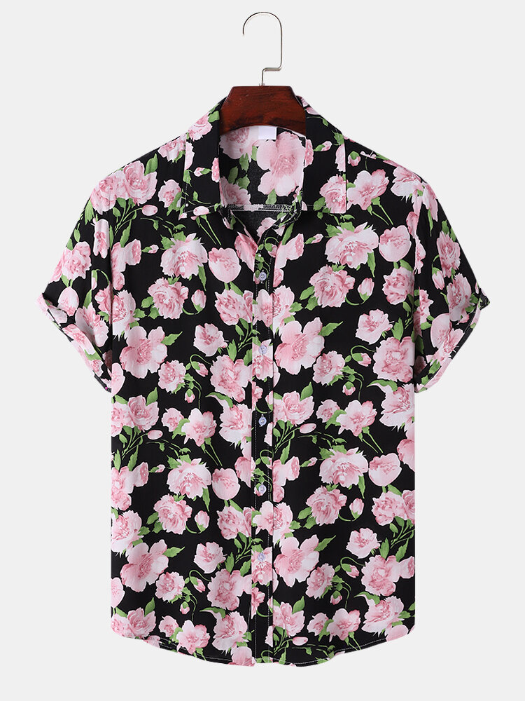 Heren Allover Rose Print Soft Comfortabele, ademende, gebogen zoom Romantische overhemden