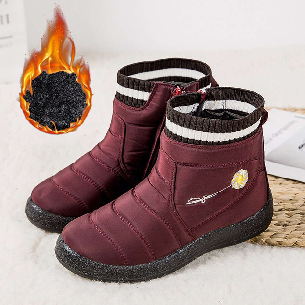 Women's Solid Color Daisy Pattern Large Size Waterproof Warm Lining Zipper Casual Snow Boots