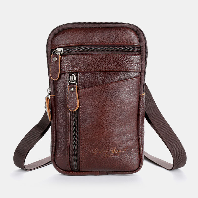 Men Genuine Leather Large Capacity Vintage 6.5 Inch Phone Bag Waist Bag Crossbody Bag Shoulder Bag