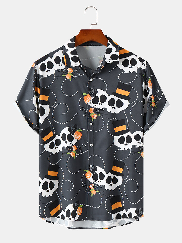 

Mens Halloween Funny Head Pattern Short Sleeve Front Buttons Shirts