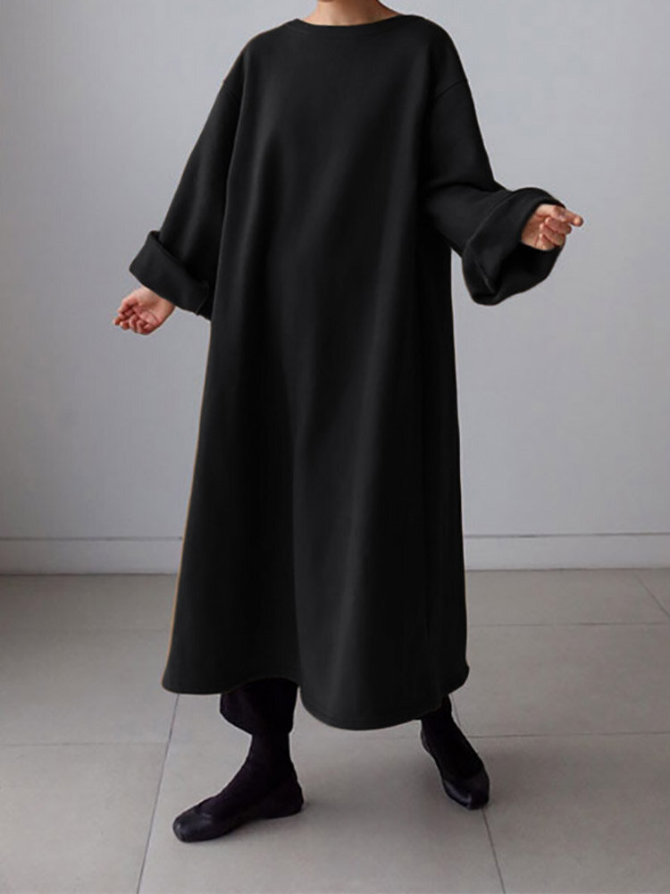 Women Loose Thick Sweatshirt Solid Calf Length Casual Midi Dresses