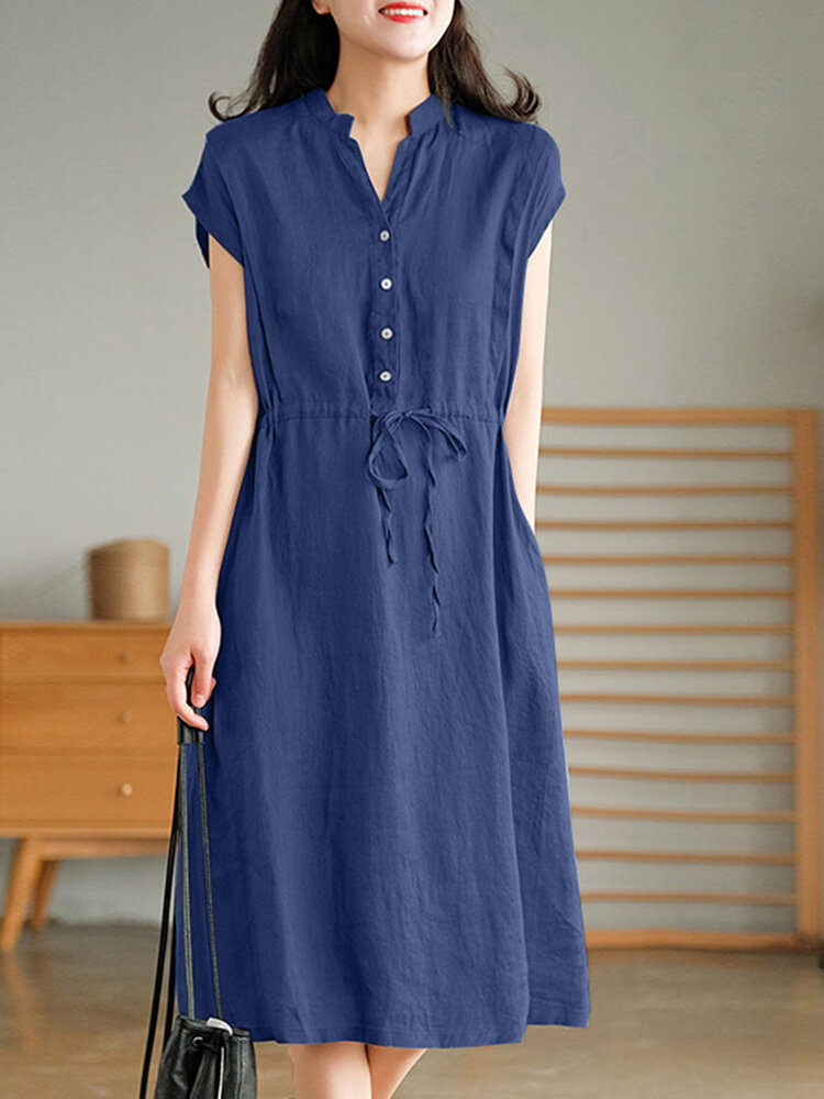 Solid Pocket Drawstring Waist Button V-neck Short Sleeve Dress