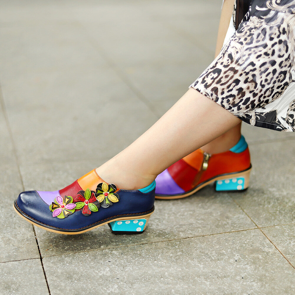 

Socofy Натуральная Кожа Удобные туфли на низком каблуке с боковой молнией и цветочным декором в стиле ретро с цветными б