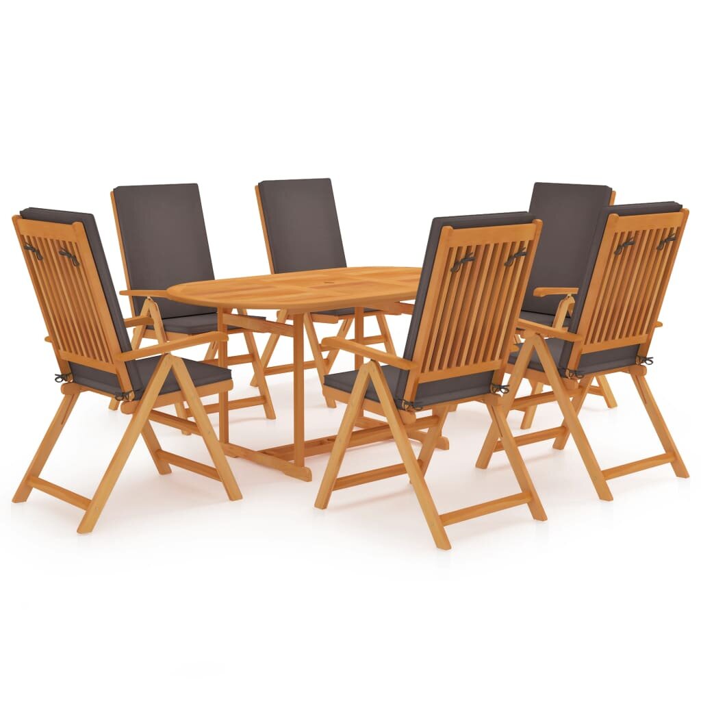 7 Piece Garden Dining Set with Gray Cushions Solid Teak Wood
