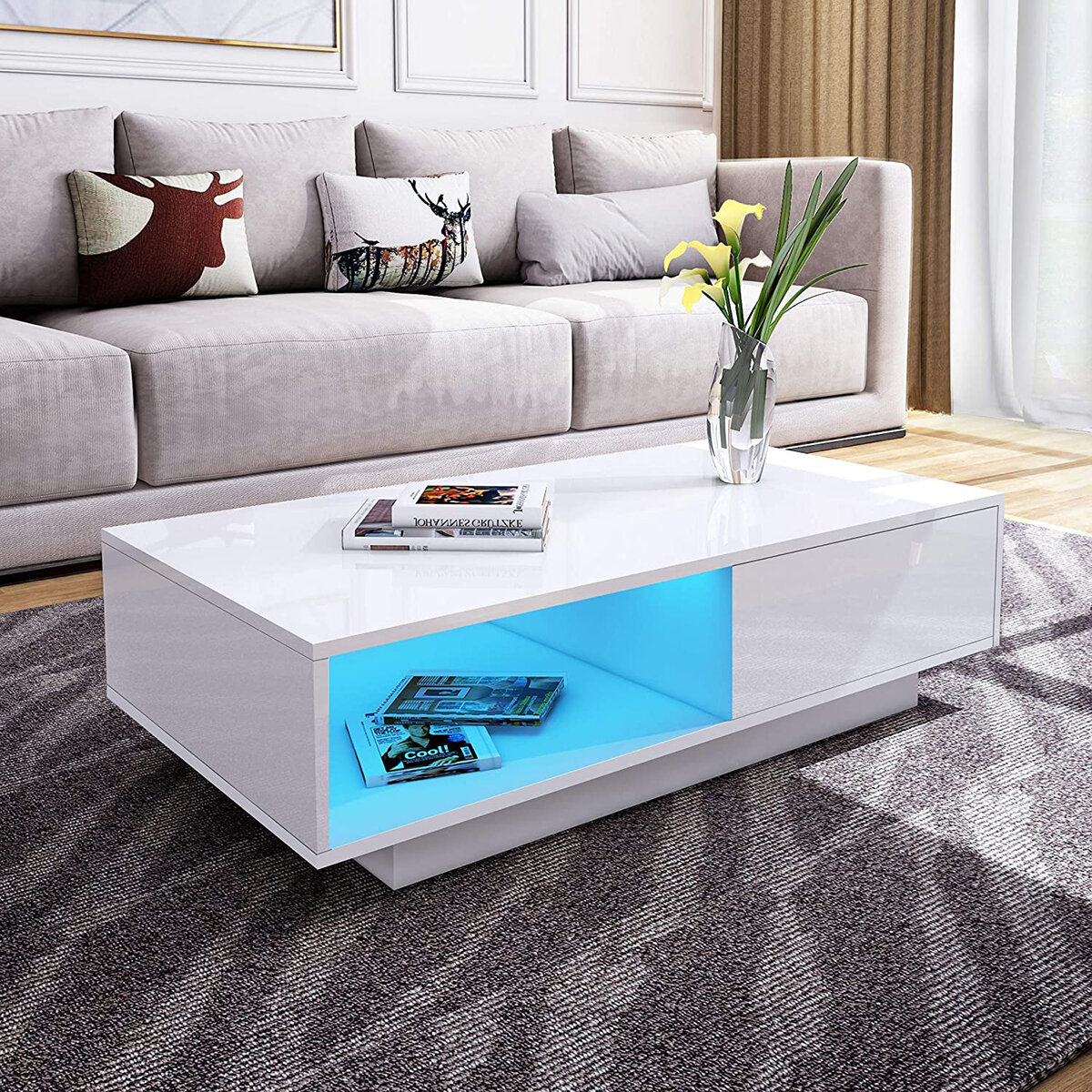 Woodyhome Hoogglans RGB LED-salontafel met opbergruimte met 2 lades, moderne bijzettafel voor banken