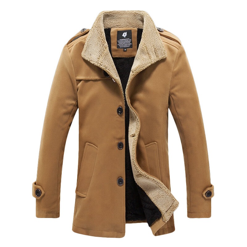 mens mid-long stand collar epaulet thick fleece jacket coats at Banggood