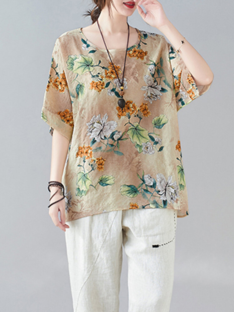 Loose Fit Flowers Printing Street Fashion Blouses