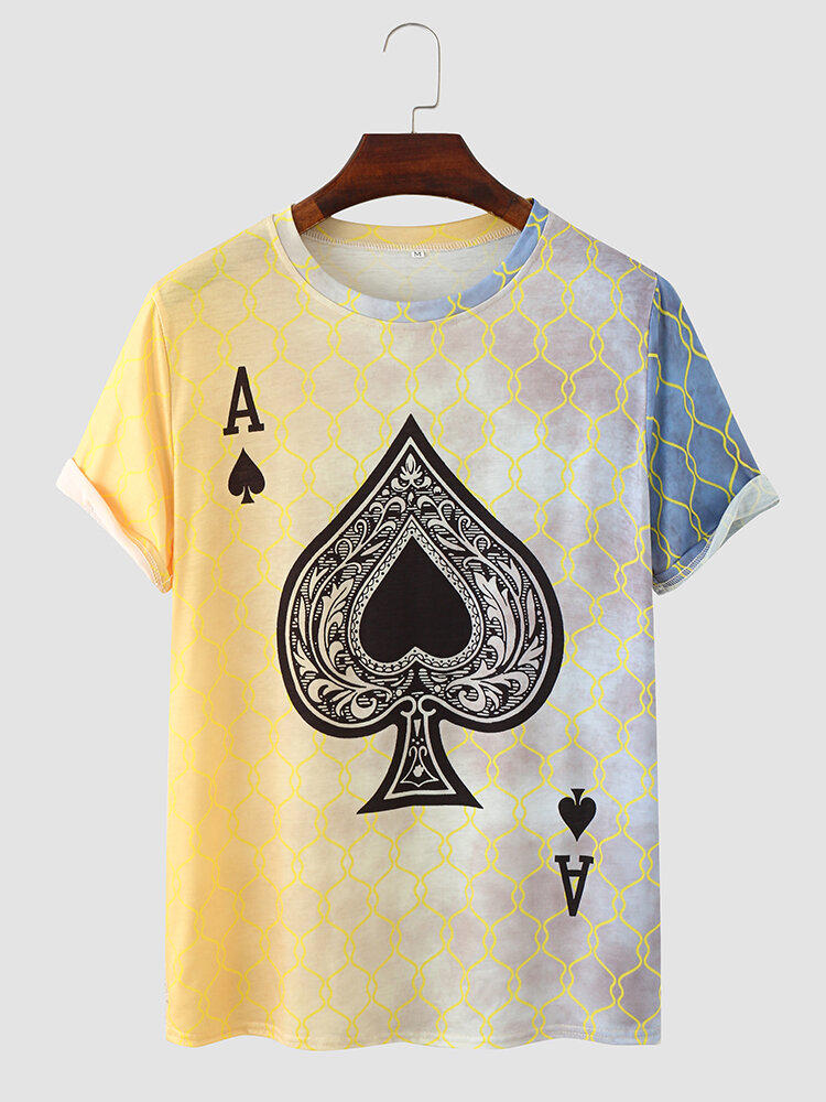 Men Poker Spade Ombre Print Hem Cuff Crew Neck Casual T-Shirt