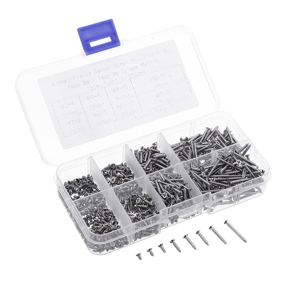 

Suleve™ M2CP1 800pcs M2 Phillips Screw Flat Head Nickel-Plated Carbon Steel Self-Tapping Woodworking Screws Assortment K