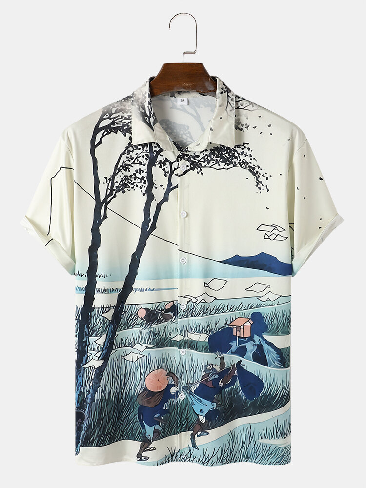 Men Ukiyoe Landscape Buttons up Short Sleeve Casual Shirts