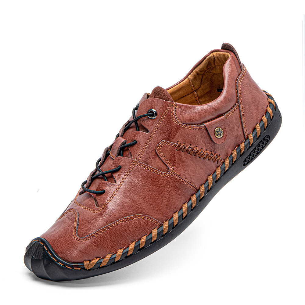 55% OFF on Men Hand Stitching Comfy Non Slip Wide Fit Elastic Lace-up Casual Shoes
