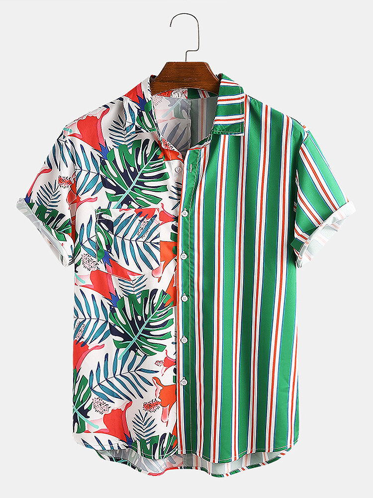 

Men Tropical Plants Colorful Stripe Mixed Print Short Sleeve Casual Holiday Shirts