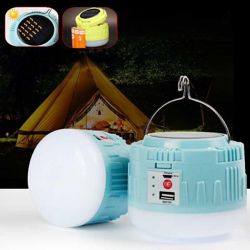 Lampe de camping LED solaire de 50W 10000K rechargeable par USB, avec 4 modes réglables, lampe suspendue et power bank.