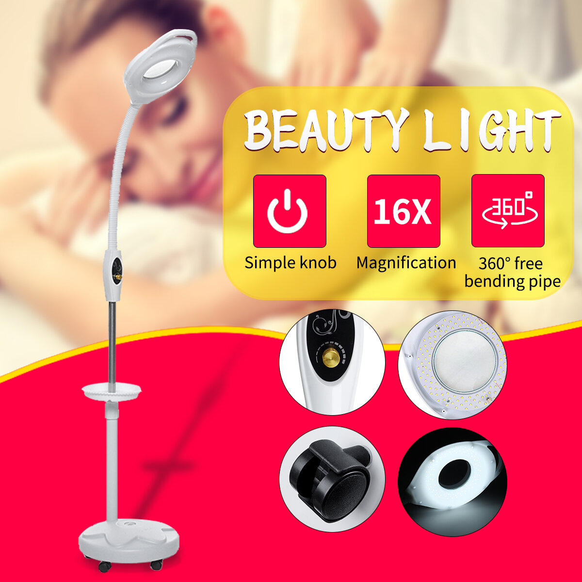 16 LED Facial Magnifying Floor Lamp Light Adjustable Rolling Magnifier Spa Salon