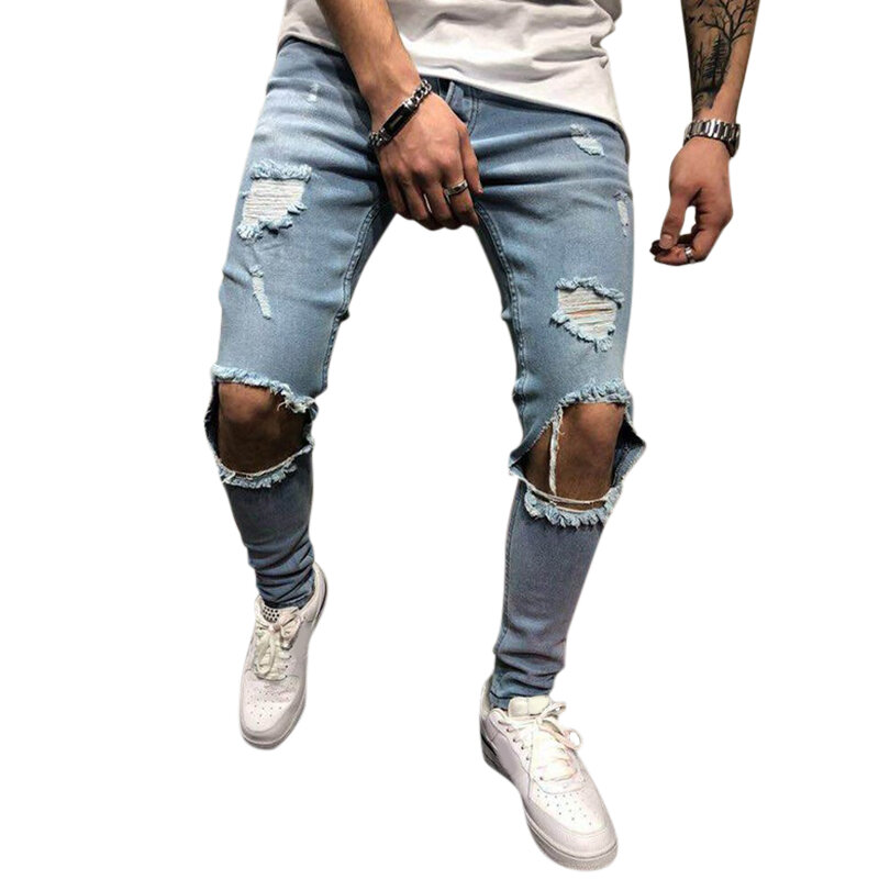 Super mens denim pants holes slim fashion mid rise jeans at Banggood WE-23