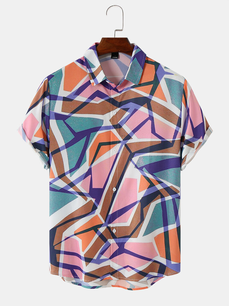 Heren Geometrische Multi Color Print Korte Mouw Casual Shirts