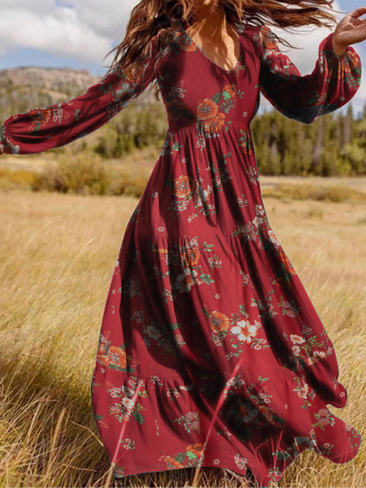 Dames vintage bloemenprint v-hals rug rits pofmouwen maxi jurken