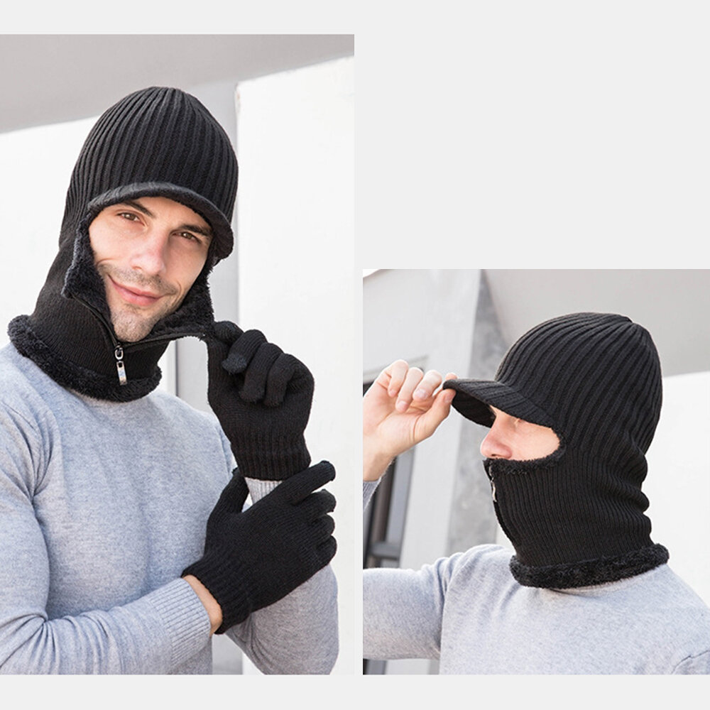 Men 2PCS Plus Velvet Winter Keep Warm Neck Face Ptotection One-piece Headgear Scarf Beanie Full-finger Gloves
