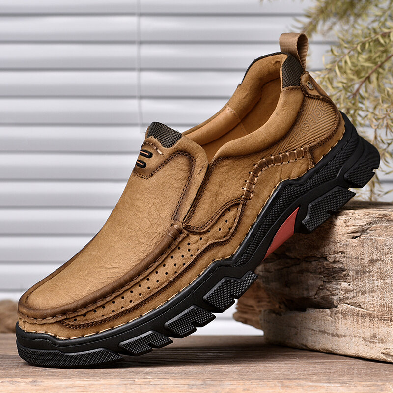 Men Genuine Leather Non Slip Breathable Comfy Slip-On Outdoor Hiking Shoes