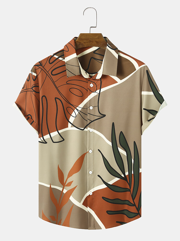 Men Color Block Graphic Tropical Plant Print Casual Short Sleeve Shirts