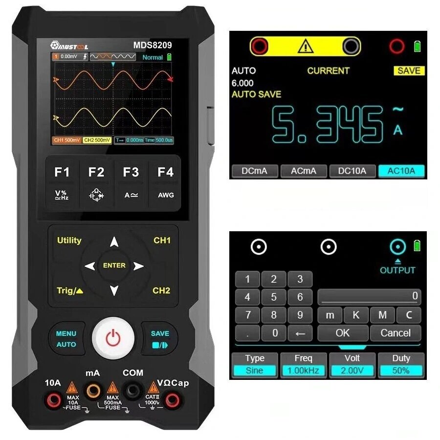 MUSTOOL MDS8209 OSC + DMM + Waveform Generator 3 in 1 80MHz/50MHz Bandwidth Dual Channel Handheld Os