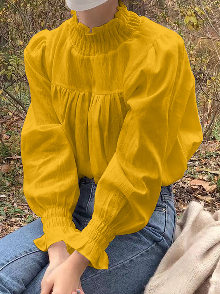 Vrouwen opstaande kraag Pofmouwen Geplooide blouse met ruches en lange mouwen