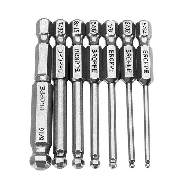 Broppe 7pcs SAE 5/64-5/16 Inch 65mm Magnetic Ball Screwdriver Bit 1/4 Inch Hex Shank