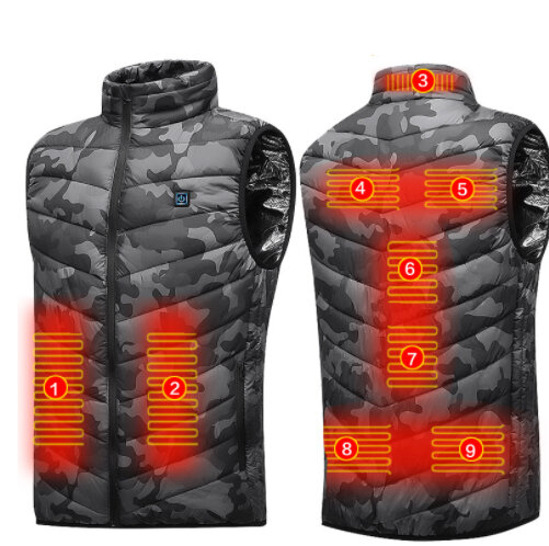 Giacche unisex camouflage con 3 livelli di riscaldamento, funzionamento USB, 9 posti di riscaldamento, gilet termico elettrico, abbigliamento invernale caldo all'aperto
