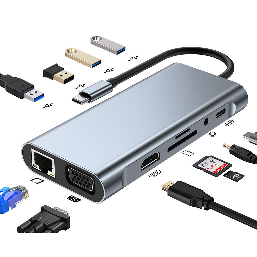

Mechzone 11 в 1 Док-станция USB-C Hub Тип-C Адаптер с USB3.0 USB2.0 PD 100 Вт 4K HDMI-совместимый VGA 3,5 мм Aux RJ45 10