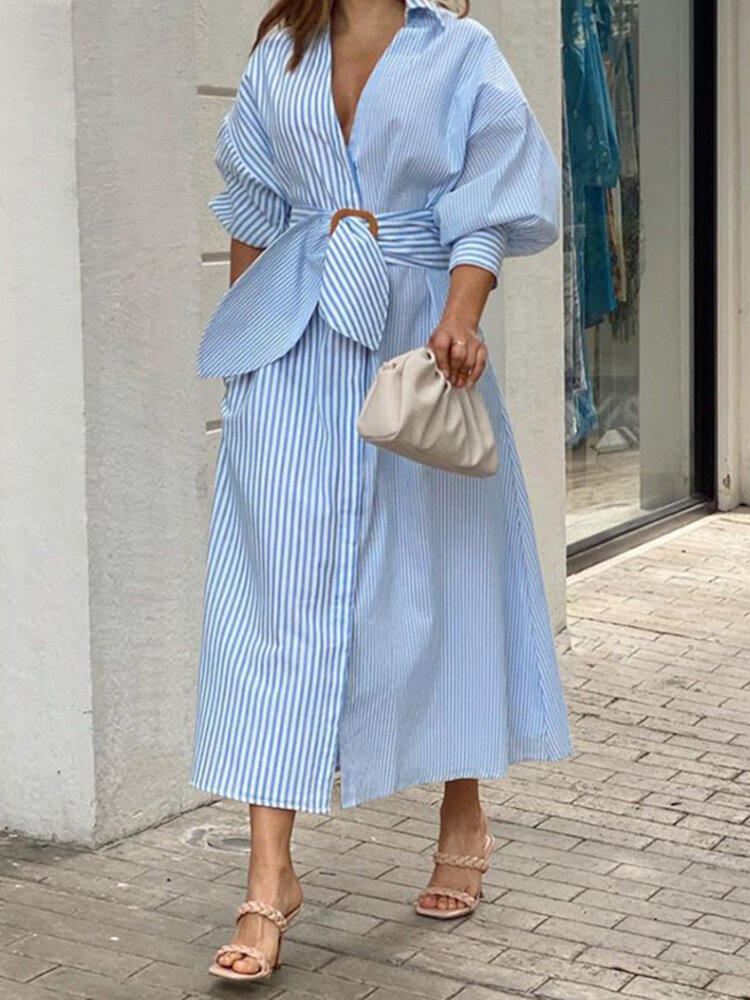 

Women Puff Sleeve Splicing Striped Solid Butterfly Knot Three Quarter Sleeve Calf Length Midi Dresses