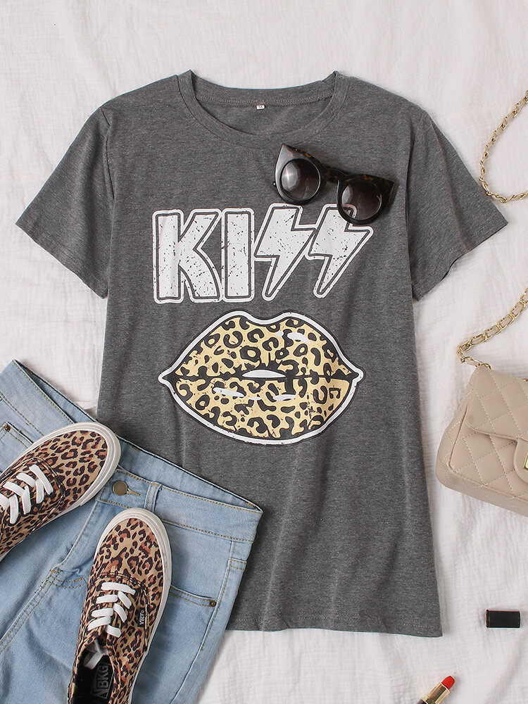 Kiss Leopard Lips Print O-hals Casual T-shirts met korte mouwen